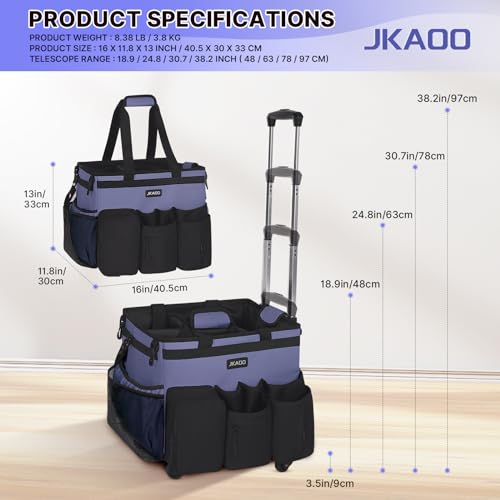 JKAOO Large Rolling Cleaning Caddy Bag with Detachable Trolley, Waterproof Cleaning Caddy on Wheels for Housekeepers, Cleaning Cart Supplies Organizer for Home,Car,Office,Picnic (Denim Blue)(InPatent) - Image 2