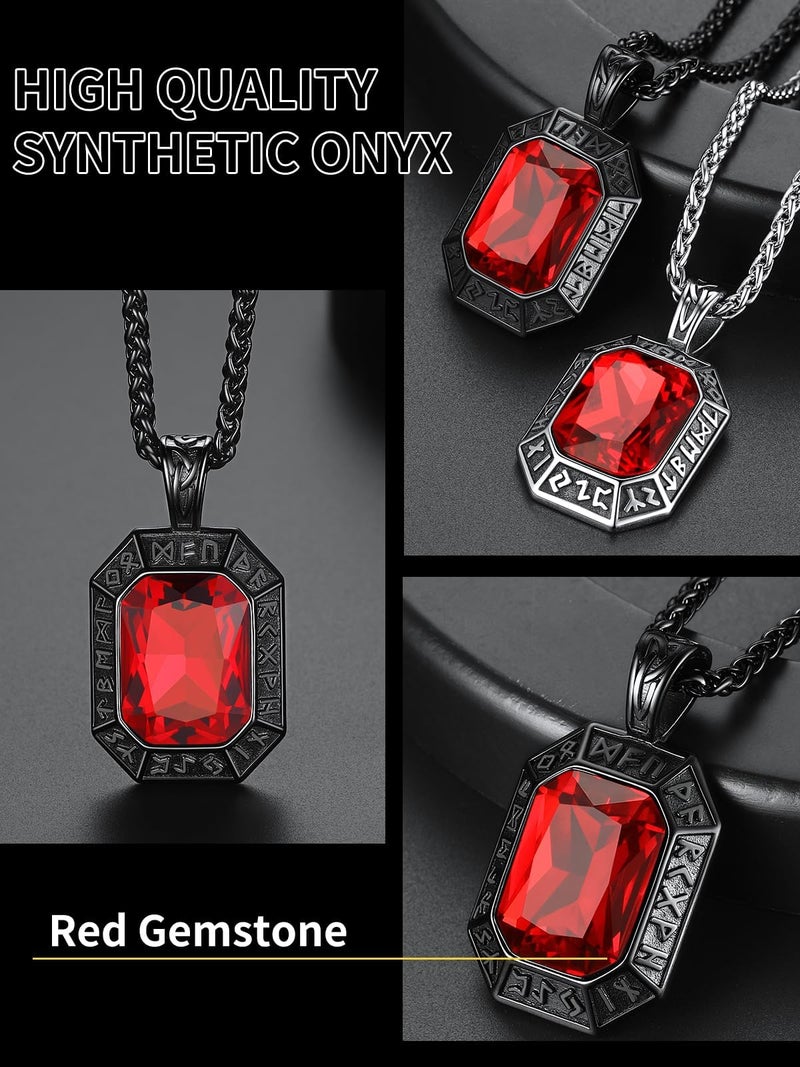 ChainsHouse Viking Runes Necklace, Onyx Viking Nordic Norse Pendant, Red Gemstone Crystal Necklace for Men - Image 5