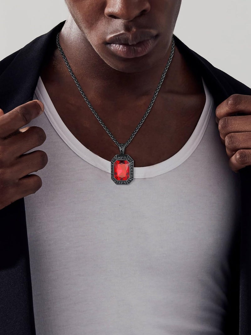ChainsHouse Viking Runes Necklace, Onyx Viking Nordic Norse Pendant, Red Gemstone Crystal Necklace for Men - Image 3