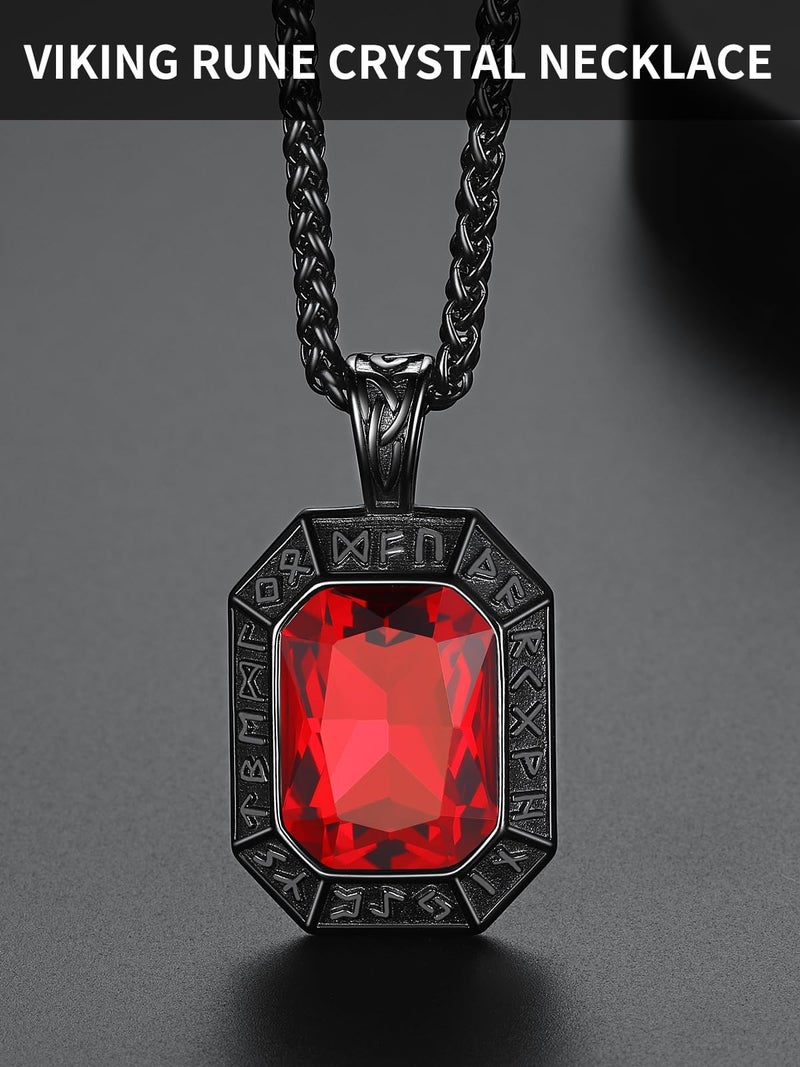 ChainsHouse Viking Runes Necklace, Onyx Viking Nordic Norse Pendant, Red Gemstone Crystal Necklace for Men - Image 4