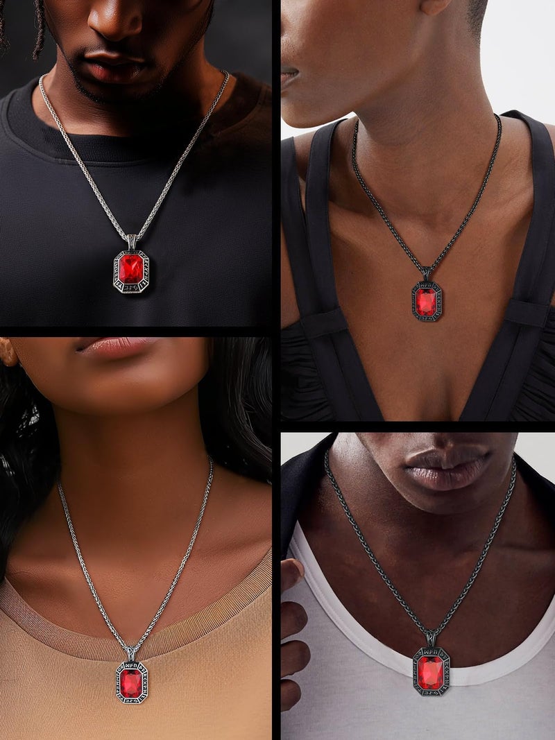 ChainsHouse Viking Runes Necklace, Onyx Viking Nordic Norse Pendant, Red Gemstone Crystal Necklace for Men - Image 2