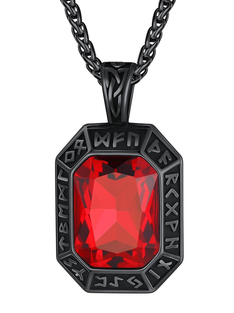 ChainsHouse Viking Runes Necklace, Onyx Viking Nordic Norse Pendant, Red Gemstone Crystal Necklace for Men - Image 1