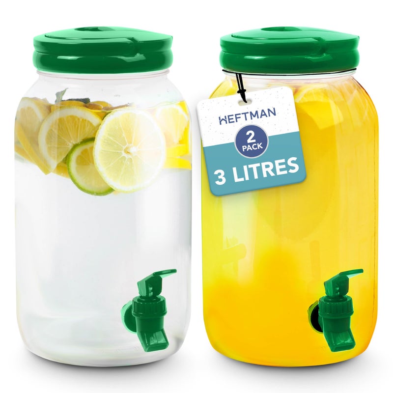 HEFTMAN Plastic Drink Dispenser with Tap  2 Pack 3L Cold Water Dispenser with Tap Handle ScrewTop Lid Fridge Water Dispenser Cocktails Infused  Soft Drinks for BBQs Parties Home Green
