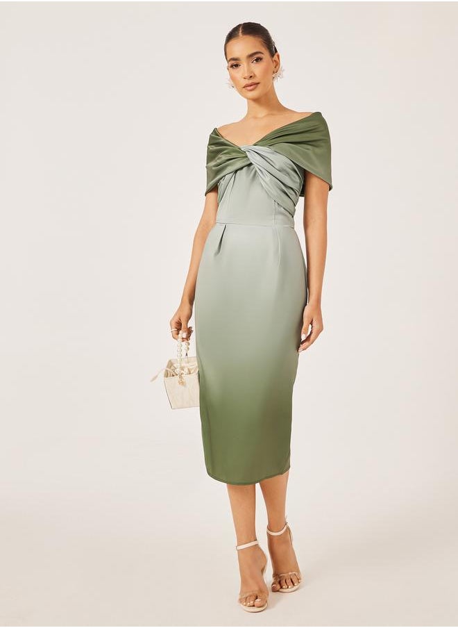 Styli - Front Knot Ombre Print Short Sleeves Sheath Midi Dress - Image 1