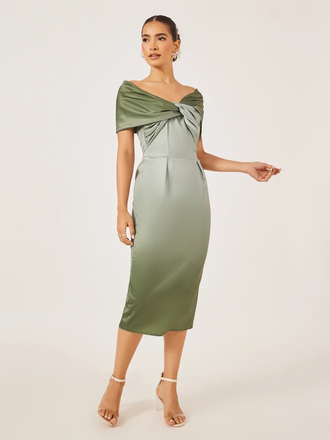 Styli Front Knot Ombre Print Short Sleeves Sheath Midi Dress