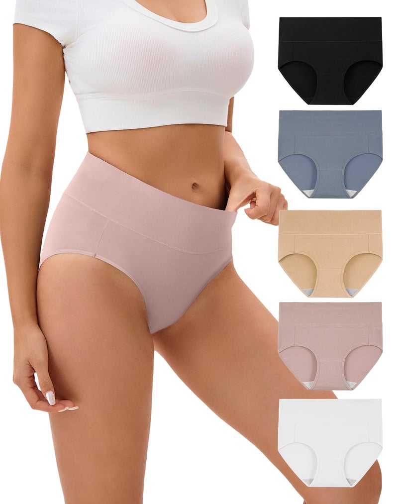 INNERSY Women's Underwear Cotton Soft Underwear High Waisted Breathable Briefs 5 Pack, Mist Sand, Large - Image 1