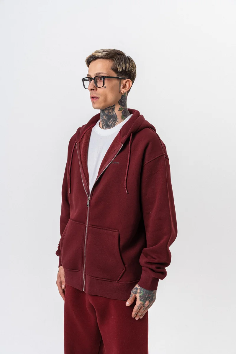 RESPIRE Men’s Respire Lettering Detail Hooded Basic Zip Oversize Hoodie Burgundy