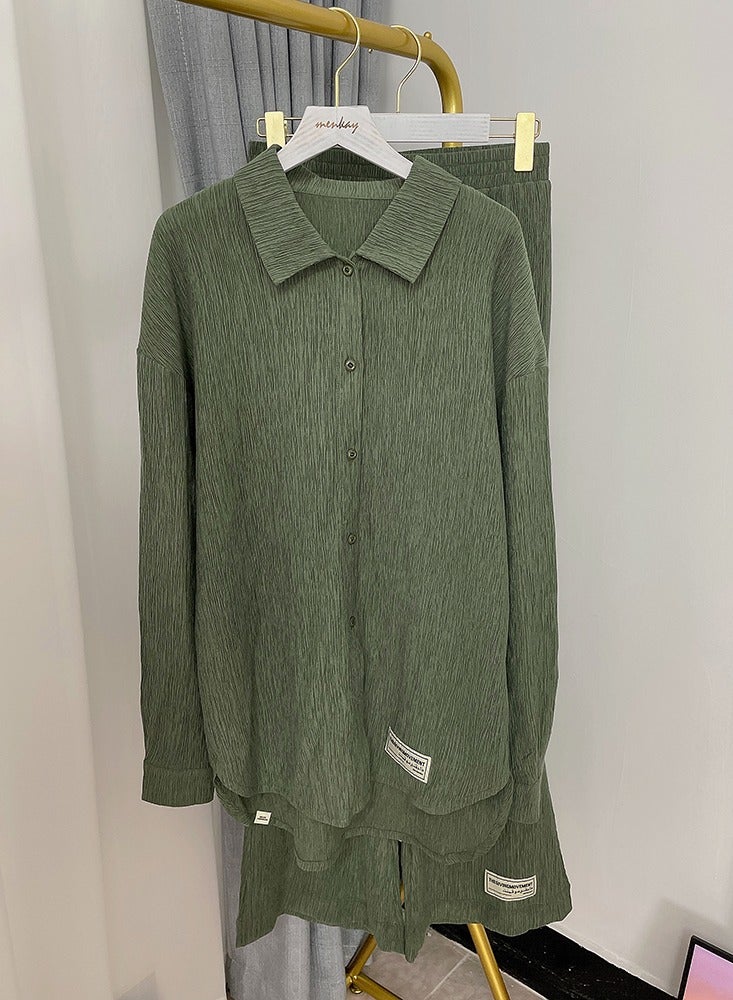 UNIVERSAL Women's loungewear set 2 pieces sportswear casual pleated long sleeve button down shirt and flared trousers - Image 2
