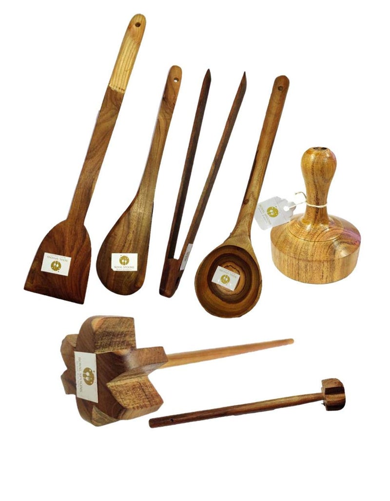 ARMAN SPOONS Believe in Quality Teak Wood LadlesSpoonsWhisksMasherTongHandle Spatula for Cooking Serving Thick Long Sturdy Large Set of 7 - Image 1