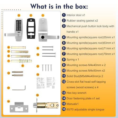 Souyou New Upgrade Mechanical Door Lock with Handle,Mechanical Push Button Lever Lock,Stainless Steel Mechanical Keyless Entry Door Lock with Key,Upgrade Adjustable Deadlatch 2-3/8'' and 2-3/4'' - Image 4