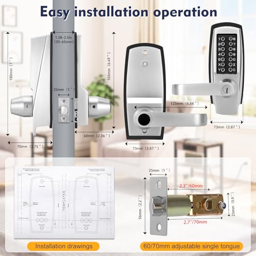 Souyou New Upgrade Mechanical Door Lock with Handle,Mechanical Push Button Lever Lock,Stainless Steel Mechanical Keyless Entry Door Lock with Key,Upgrade Adjustable Deadlatch 2-3/8'' and 2-3/4'' - Image 3