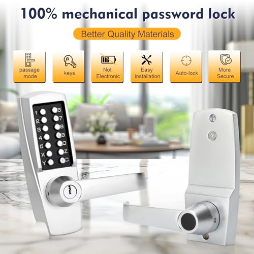 Souyou New Upgrade Mechanical Door Lock with Handle,Mechanical Push Button Lever Lock,Stainless Steel Mechanical Keyless Entry Door Lock with Key,Upgrade Adjustable Deadlatch 2-3/8'' and 2-3/4'' - Image 5