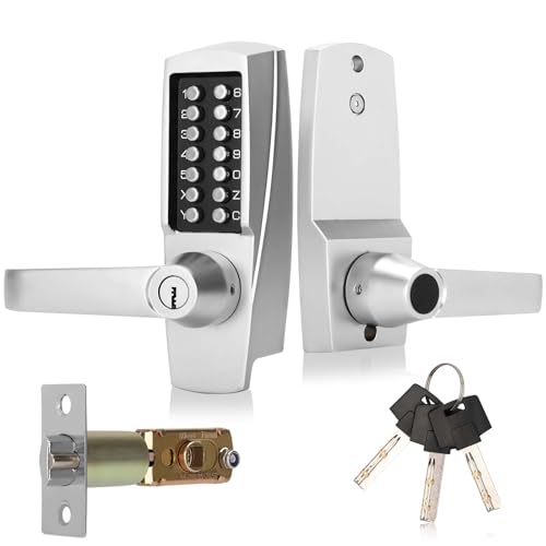 Souyou New Upgrade Mechanical Door Lock with Handle,Mechanical Push Button Lever Lock,Stainless Steel Mechanical Keyless Entry Door Lock with Key,Upgrade Adjustable Deadlatch 2-3/8'' and 2-3/4'' - Image 1
