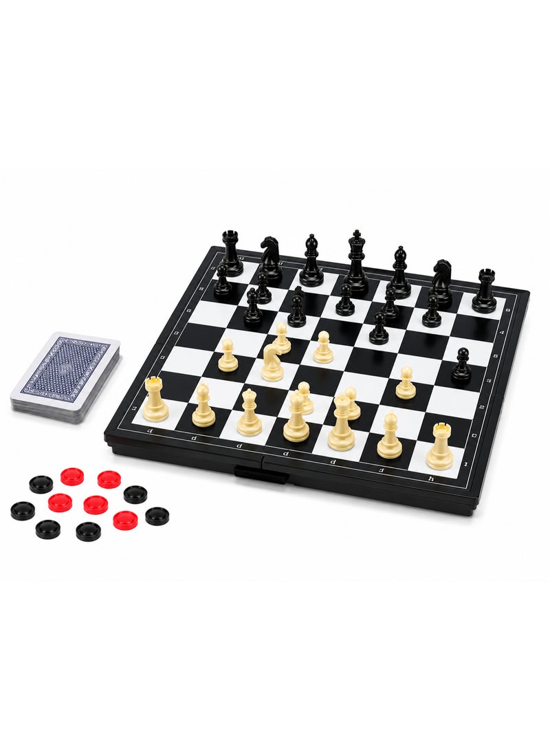 Magnetic 3 in 1 Chess Game with Checkers and Playing Cards - Image 2