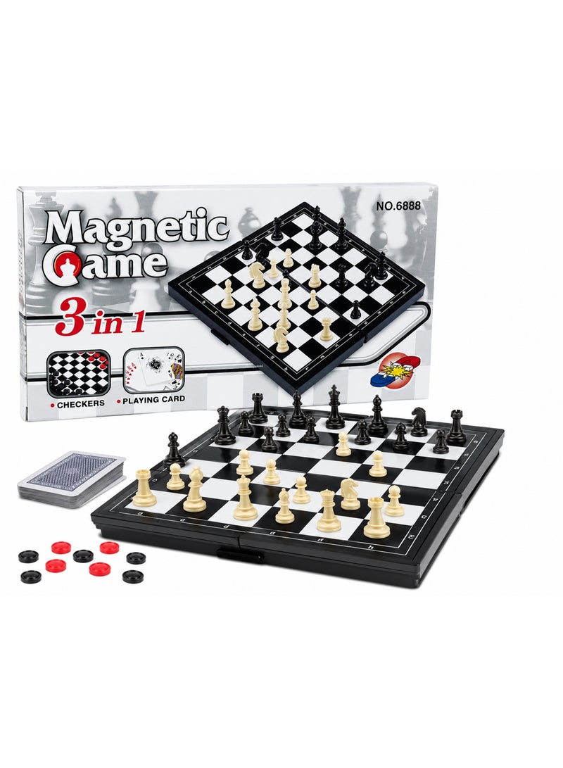 Magnetic 3 in 1 Chess Game with Checkers and Playing Cards - Image 1