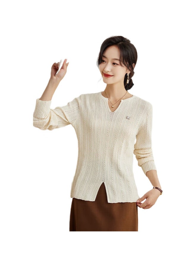 Pincai Knitted Sweater For Women, Spring And Autumn Thin Style, Niche V-Neck, Side Slit Knitted Top, Inner Wear, Loose Base Layer, P143Z3008 - Image 1