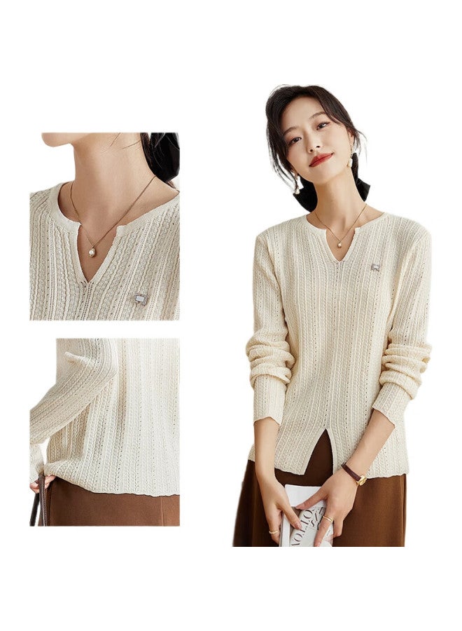 Pincai Knitted Sweater For Women, Spring And Autumn Thin Style, Niche V-Neck, Side Slit Knitted Top, Inner Wear, Loose Base Layer, P143Z3008 - Image 3