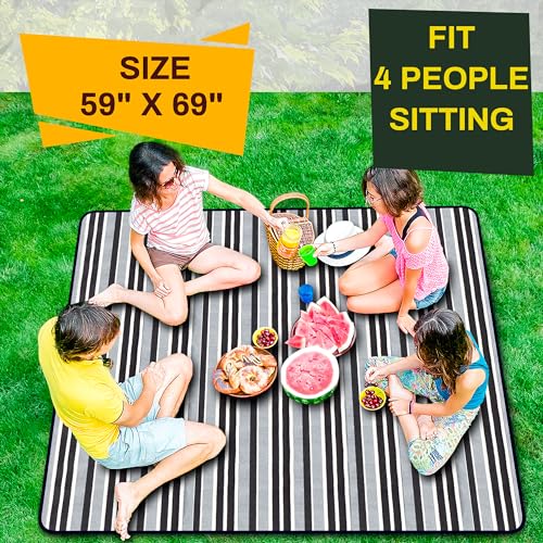 PortableAnd Extra Large Picnic & Outdoor Blanket 3 Layers for Water-Resistant Handy Mat Tote Spring Summer Black and White Striped Great for The Beach,Camping on Grass Waterproof Sandproof - Image 3
