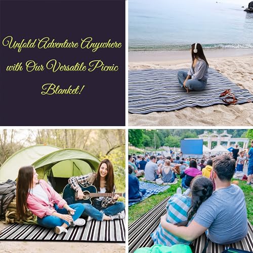 PortableAnd Extra Large Picnic & Outdoor Blanket 3 Layers for Water-Resistant Handy Mat Tote Spring Summer Black and White Striped Great for The Beach,Camping on Grass Waterproof Sandproof - Image 5