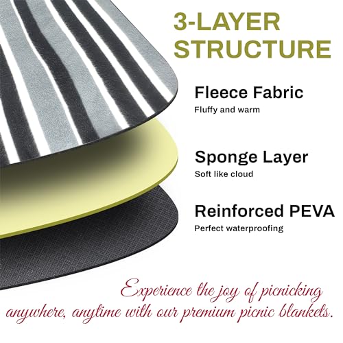 PortableAnd Extra Large Picnic & Outdoor Blanket 3 Layers for Water-Resistant Handy Mat Tote Spring Summer Black and White Striped Great for The Beach,Camping on Grass Waterproof Sandproof - Image 2