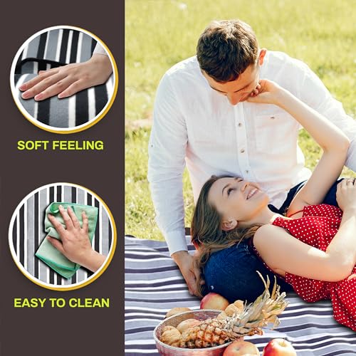 PortableAnd Extra Large Picnic & Outdoor Blanket 3 Layers for Water-Resistant Handy Mat Tote Spring Summer Black and White Striped Great for The Beach,Camping on Grass Waterproof Sandproof - Image 4