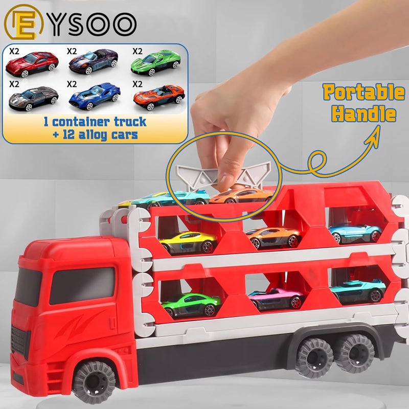 EYSOO Race Car Track Toy Truck Toy with Slots & Foldable Race Tracks Transport Car Carrier Toy for Toddlers Cars Toy Set Container Truck Toy with 12 Alloy Cars for 3+ Kids Boys Girls (Red) - Image 3