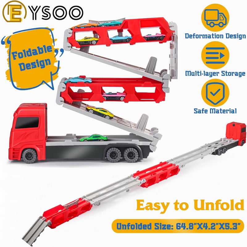 EYSOO Race Car Track Toy Truck Toy with Slots & Foldable Race Tracks Transport Car Carrier Toy for Toddlers Cars Toy Set Container Truck Toy with 12 Alloy Cars for 3+ Kids Boys Girls (Red) - Image 5