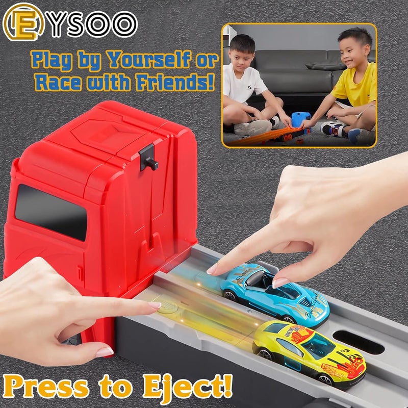 EYSOO Race Car Track Toy Truck Toy with Slots & Foldable Race Tracks Transport Car Carrier Toy for Toddlers Cars Toy Set Container Truck Toy with 12 Alloy Cars for 3+ Kids Boys Girls (Red) - Image 4