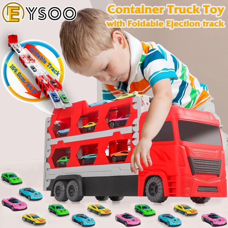EYSOO Race Car Track Toy Truck Toy with Slots & Foldable Race Tracks Transport Car Carrier Toy for Toddlers Cars Toy Set Container Truck Toy with 12 Alloy Cars for 3+ Kids Boys Girls (Red) - Image 2