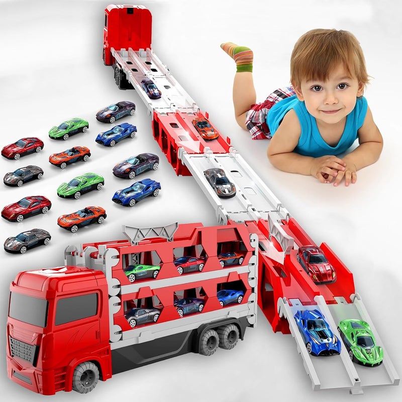 EYSOO Race Car Track Toy Truck Toy with Slots & Foldable Race Tracks Transport Car Carrier Toy for Toddlers Cars Toy Set Container Truck Toy with 12 Alloy Cars for 3+ Kids Boys Girls (Red) - Image 1