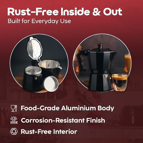 InstaCuppa 2-in-1 Moka Pot Espresso Maker | Stovetop & Induction Compatible | 300ml Premium Aluminium | Italian Style Percolator Coffee Brewer | Brews 4–6 Cups | Espresso, Americano & More, Black - Image 5
