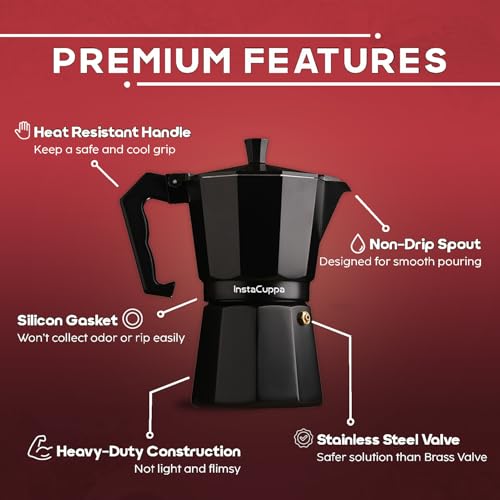 InstaCuppa 2-in-1 Moka Pot Espresso Maker | Stovetop & Induction Compatible | 300ml Premium Aluminium | Italian Style Percolator Coffee Brewer | Brews 4–6 Cups | Espresso, Americano & More, Black - Image 3