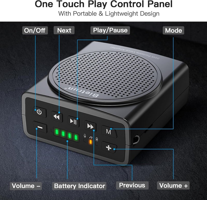 Bietrun Voice Amplifier with Wired Microphone Headset, 20W Rechargeable Mini Portable Voice Amplifier for Teachers, 6H Working Time, with Bluetooth for Teaching, Coach, Instructor - Image 5