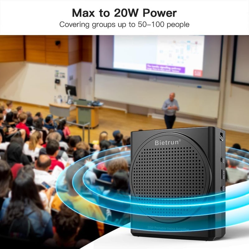 Bietrun Voice Amplifier with Wired Microphone Headset, 20W Rechargeable Mini Portable Voice Amplifier for Teachers, 6H Working Time, with Bluetooth for Teaching, Coach, Instructor - Image 2