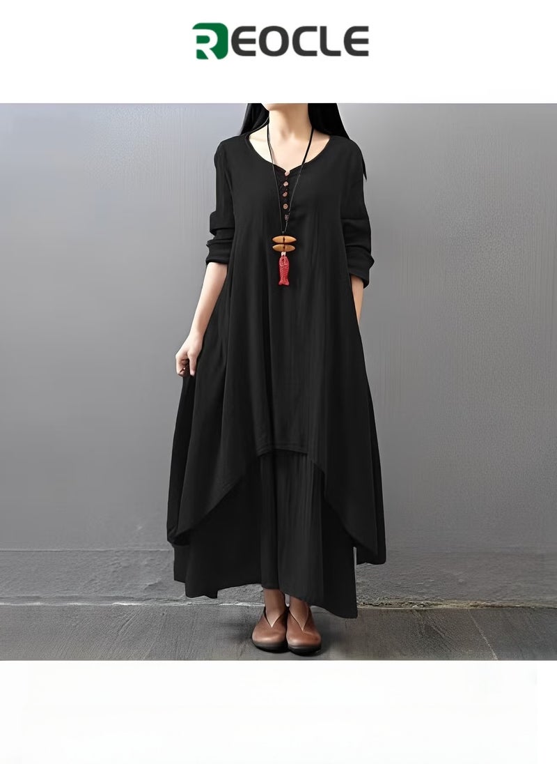REOCLE Dress Spring and Autumn Holiday A Single-piece  Literary Swing Linen Dress Loose Long-Sleeved Cotton and Linen Dress - Image 1