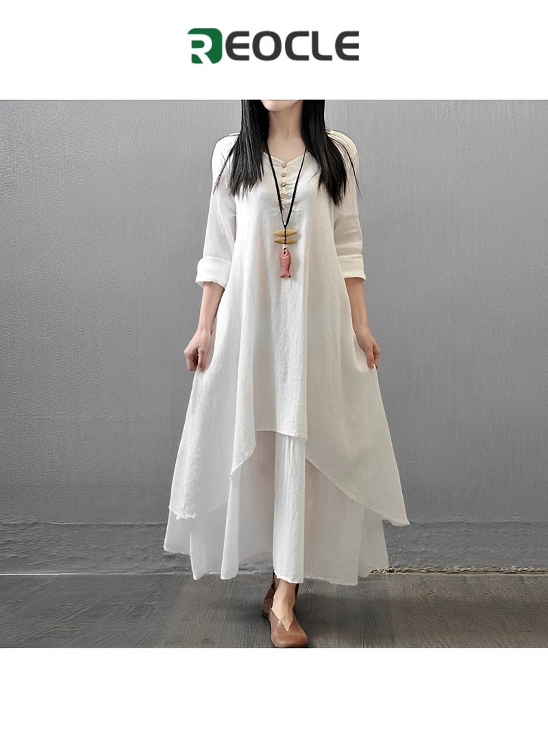 REOCLE Dress Spring and Autumn Holiday A Single-piece  Literary Swing Linen Dress Loose Long-Sleeved Cotton and Linen Dress - Image 4