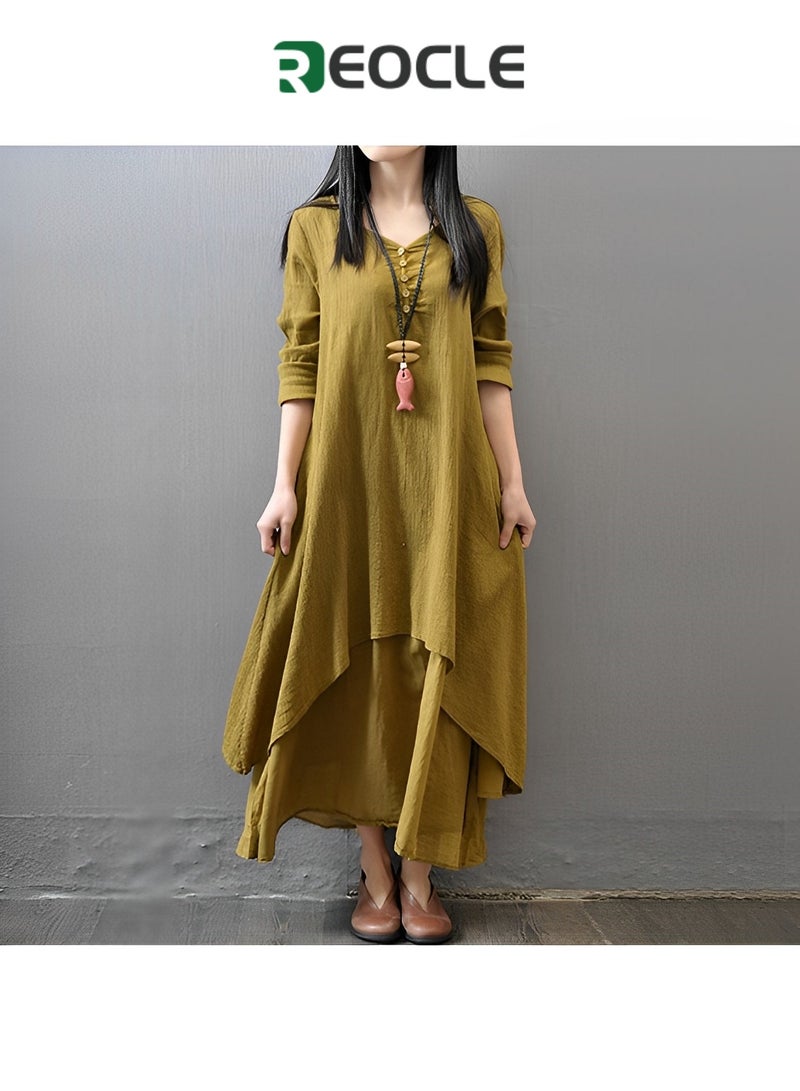 REOCLE Dress Spring and Autumn Holiday A Single-piece  Literary Swing Linen Dress Loose Long-Sleeved Cotton and Linen Dress - Image 3