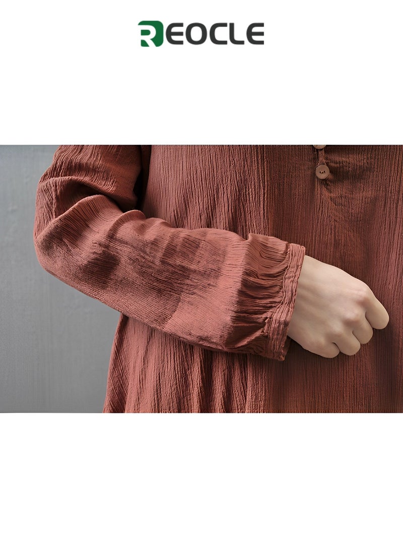 REOCLE Dress Spring and Autumn Holiday A Single-piece  Literary Swing Linen Dress Loose Long-Sleeved Cotton and Linen Dress - Image 5