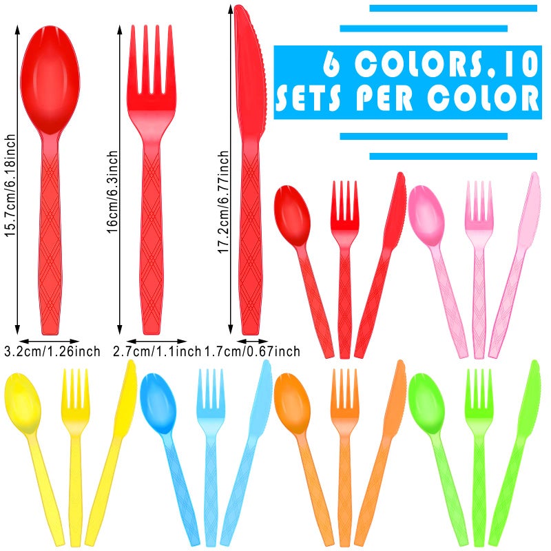 Hoolerry 180 Pcs Neon Party Plastic Cutlery Set Includes Forks Spoons Knives Disposable Neon Silverware Sets for Parties  6 Colors - Image 1