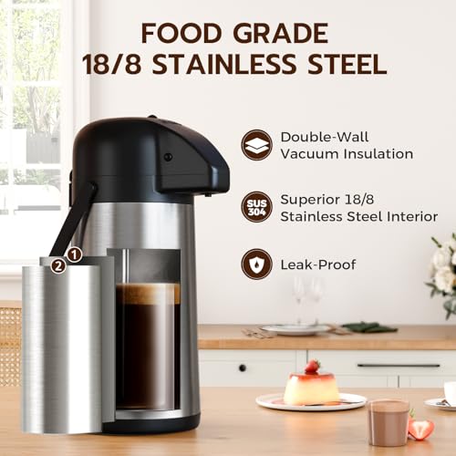 Gezoss Coffee Carafe for Keeping Hot - Gezoss 85OZ / 2.5L Airpot Coffee Dispenser with Pump - Large Coffee Carafe for Hot Drinks Tea Liquid - Insulated Stainless Steel Hot Water Beverage Urn for Parties - Image 2