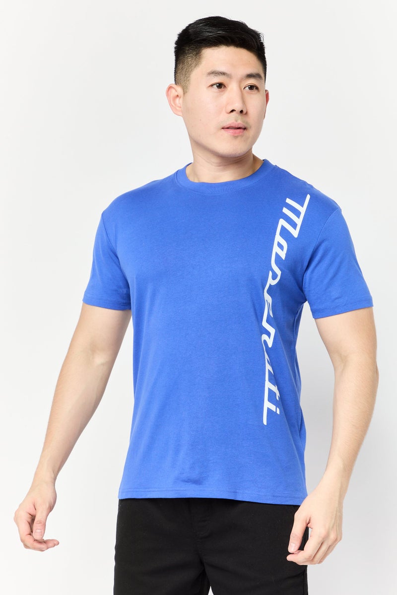 Maserati تي شيرت رجالي بأكمام قصيرة وياقة دائرية، شعار العلامة التجارية، أزرق - Image 1