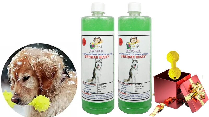 swacch Siberian Husky Dog Shampoo + Dumbbell Toy I Durable Rubber Dog Toy for Chewing I Playing,Teeth Cleaning & Training Toy I Combo Pack I 1 Litre Pack of 2 Neem Alovera - Image 1