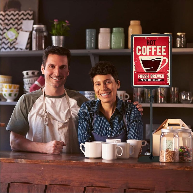 KASTWAVE 2 Pack A4 Sign Holder Stand, Adjustable Sign Poster Stands with Aluminum Snap Open, 8.5x11'' Reusable Banner Stand for Advertising Business Menu, Vertical and Horizontal View Sign Displayed (Black) - Image 2
