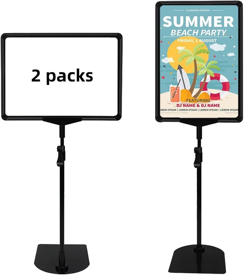 KASTWAVE 2 Pack A4 Sign Holder Stand, Adjustable Sign Poster Stands with Aluminum Snap Open, 8.5x11'' Reusable Banner Stand for Advertising Business Menu, Vertical and Horizontal View Sign Displayed (Black) - Image 1