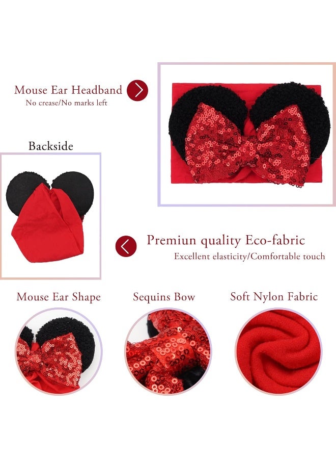 BBgifts BBGifts 3PCS Baby Girl Mouse Ears Headbands with Sequin Bow, 4.5 inches Wide Nylon Turban Hairband, Theme Park Headwear, Hair Bow Headband for Toddler, Kids, Party Supplies  - Image 2