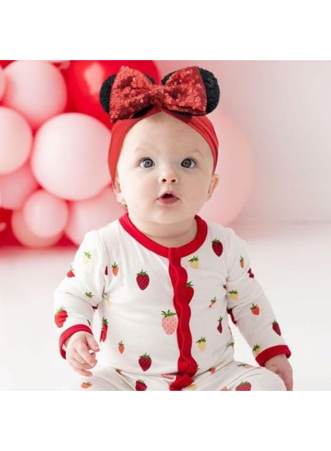 BBgifts BBGifts 3PCS Baby Girl Mouse Ears Headbands with Sequin Bow, 4.5 inches Wide Nylon Turban Hairband, Theme Park Headwear, Hair Bow Headband for Toddler, Kids, Party Supplies  - Image 3