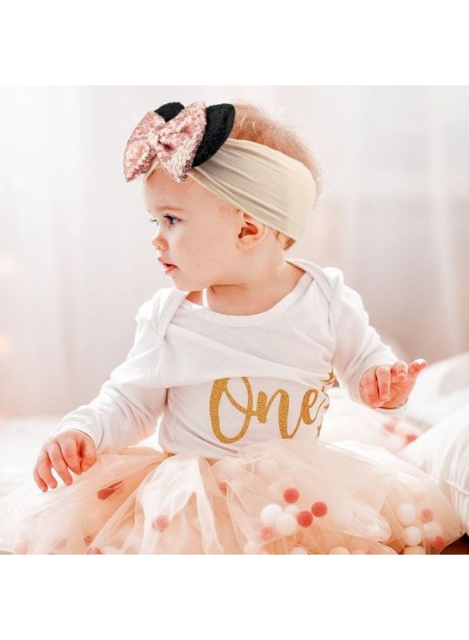BBgifts BBGifts 3PCS Baby Girl Mouse Ears Headbands with Sequin Bow, 4.5 inches Wide Nylon Turban Hairband, Theme Park Headwear, Hair Bow Headband for Toddler, Kids, Party Supplies  - Image 5