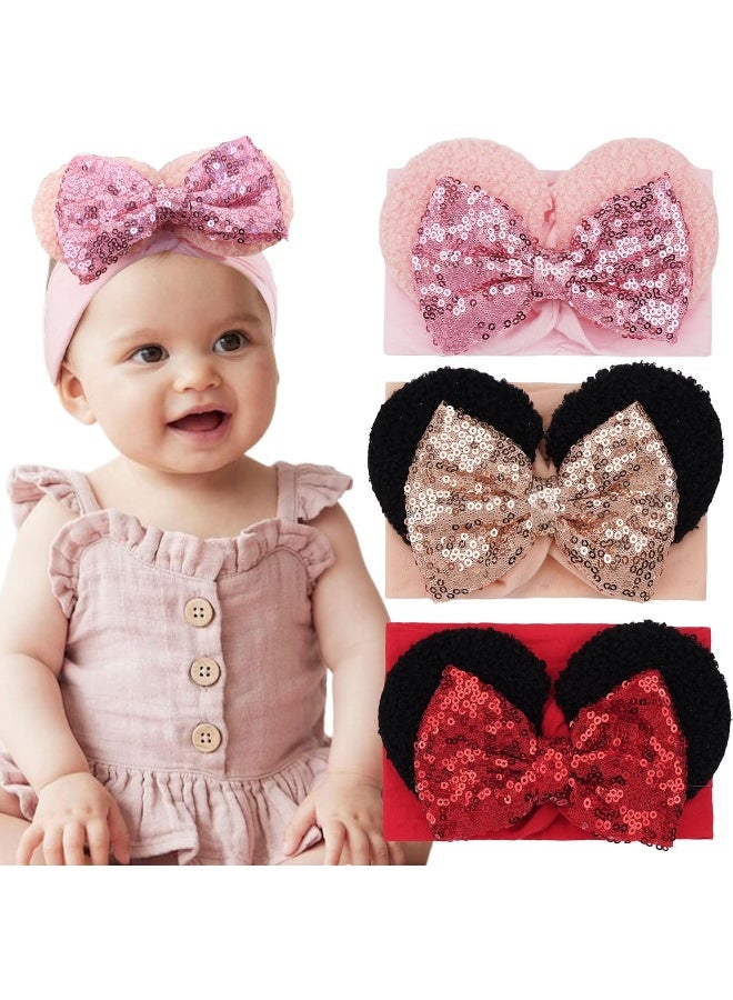 BBgifts BBGifts 3PCS Baby Girl Mouse Ears Headbands with Sequin Bow, 4.5 inches Wide Nylon Turban Hairband, Theme Park Headwear, Hair Bow Headband for Toddler, Kids, Party Supplies  - Image 1