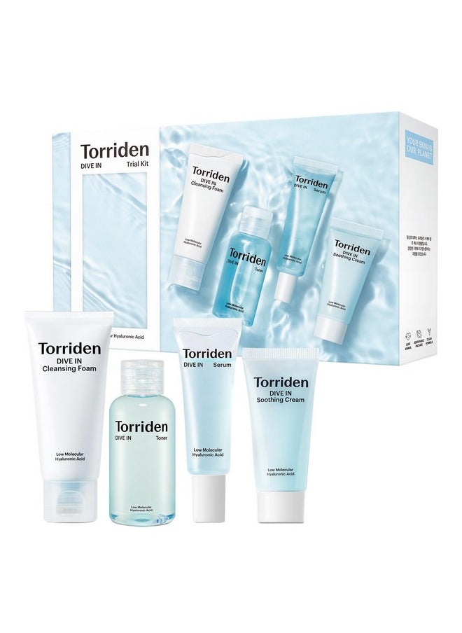 Torriden - Torriden DIVE IN Trial Kit | Hyaluronic Acid Infused Daily Skincare Kit - 4 Step Regimen with Foam Cleanser, Facial Toner, Serum, and Cream | Korean Skin Care Set - Image 1