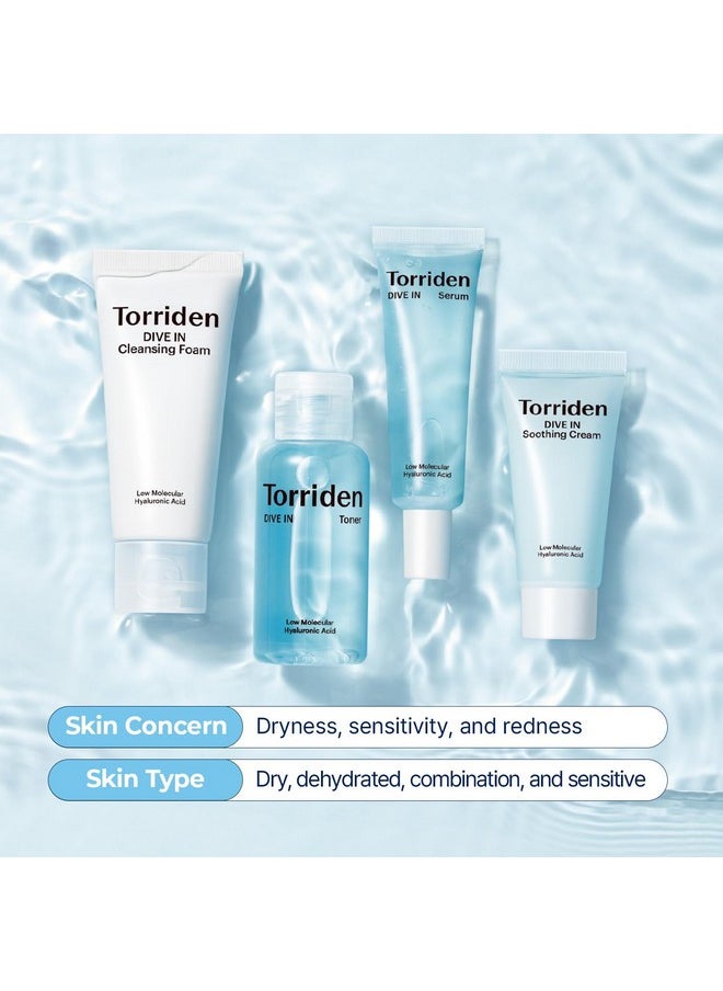 Torriden - Torriden DIVE IN Trial Kit | Hyaluronic Acid Infused Daily Skincare Kit - 4 Step Regimen with Foam Cleanser, Facial Toner, Serum, and Cream | Korean Skin Care Set - Image 1